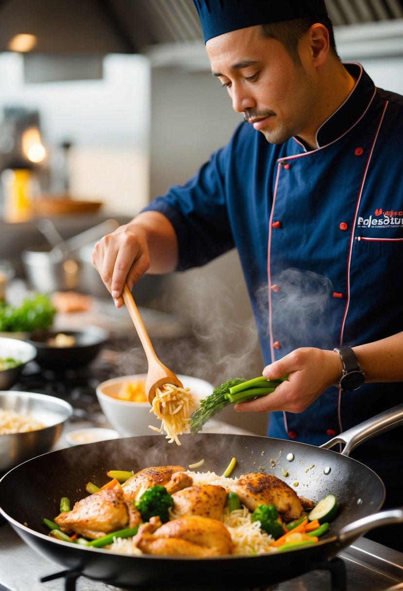 A chef stir-frying rotisserie chicken, vegetables, and rice in a sizzling wok, adding soy sauce and seasonings