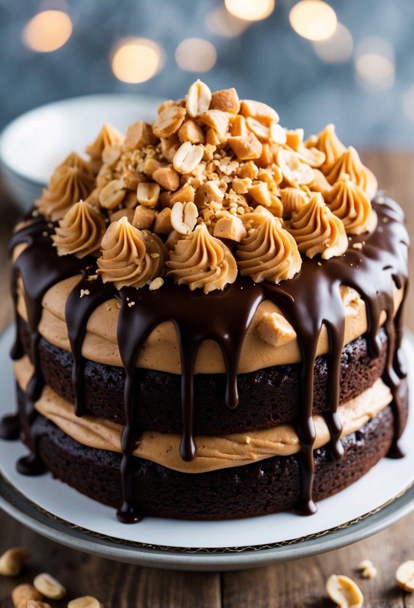 A decadent chocolate cake with creamy peanut butter frosting, topped with a sprinkle of crushed peanuts and drizzled with melted chocolate