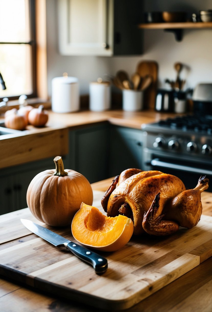 A rustic kitchen with a cutting board, knife, butternut squash, and rotisserie chicken