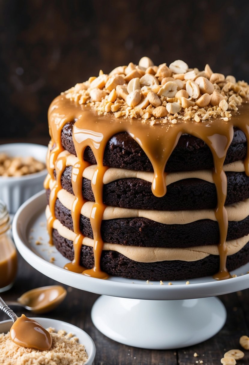 A decadent layer cake with rich brownie, creamy caramel, and swirls of peanut butter, topped with a drizzle of caramel sauce and a sprinkle of crushed peanuts