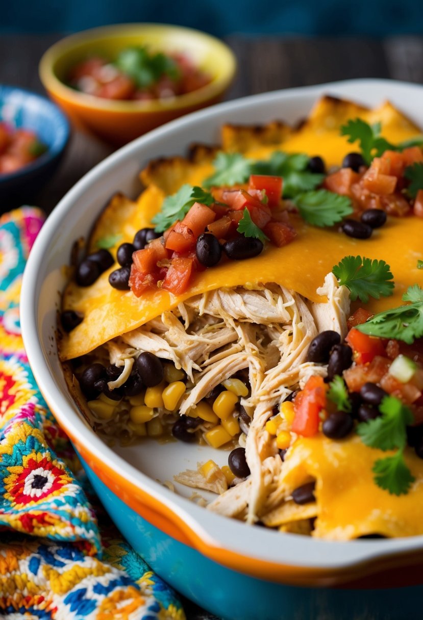 A colorful casserole dish filled with layers of shredded rotisserie chicken, corn tortillas, black beans, salsa, and melted cheese