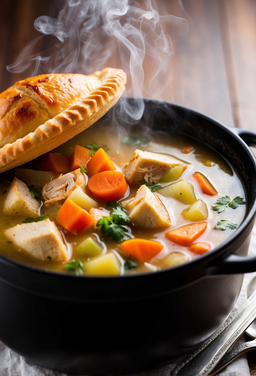 A steaming pot of soup filled with chunks of rotisserie chicken, colorful vegetables, and a creamy broth, topped with a flaky pastry crust