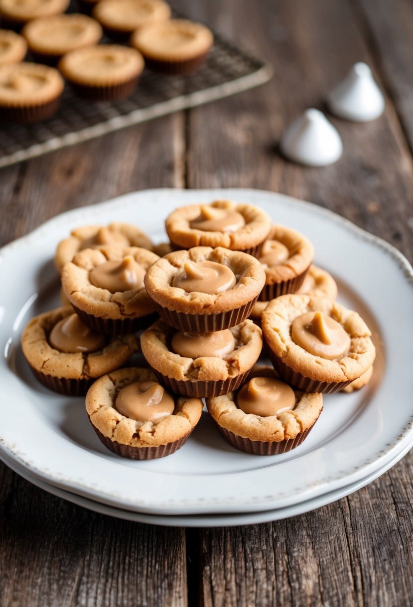 A plate of freshly baked peanut butter cup cookies on a rustic wooden table