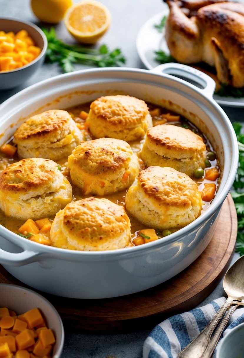 A steaming casserole dish filled with Chicken Cobbler, topped with golden-brown Cheddar Bay Biscuits, surrounded by fresh ingredients and a rotisserie chicken