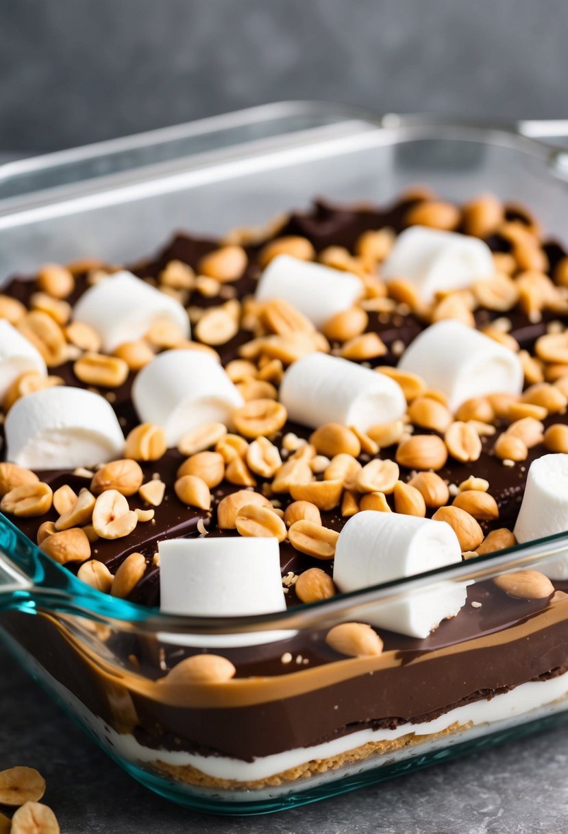 A glass baking dish filled with layers of chocolate, marshmallow, and peanuts, creating a decadent peanut butter dessert