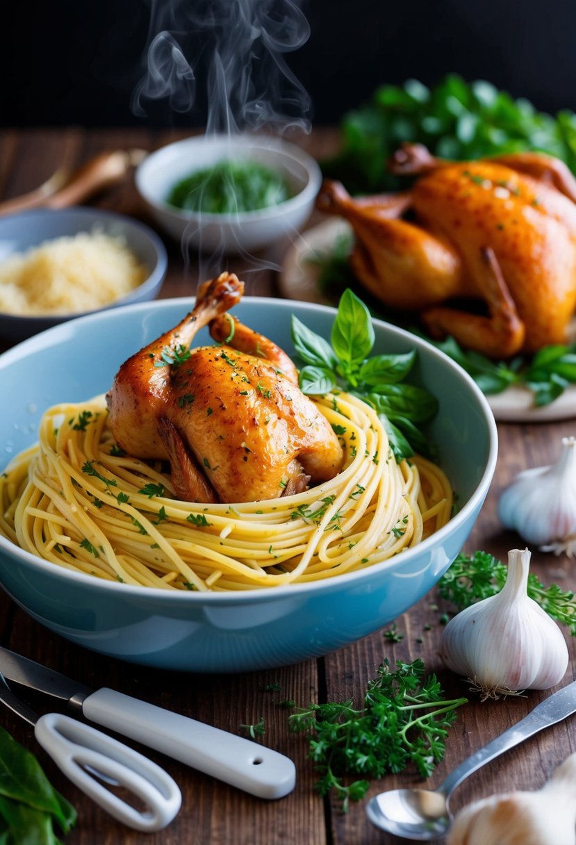 A steaming bowl of pasta with rotisserie chicken, garlic, and herbs, surrounded by fresh ingredients and cooking utensils