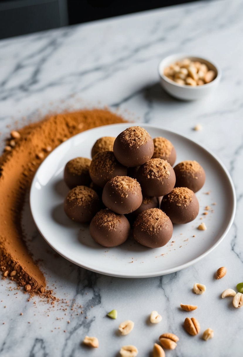 A plate of peanut butter truffles surrounded by scattered cocoa powder and chopped nuts on a marble countertop