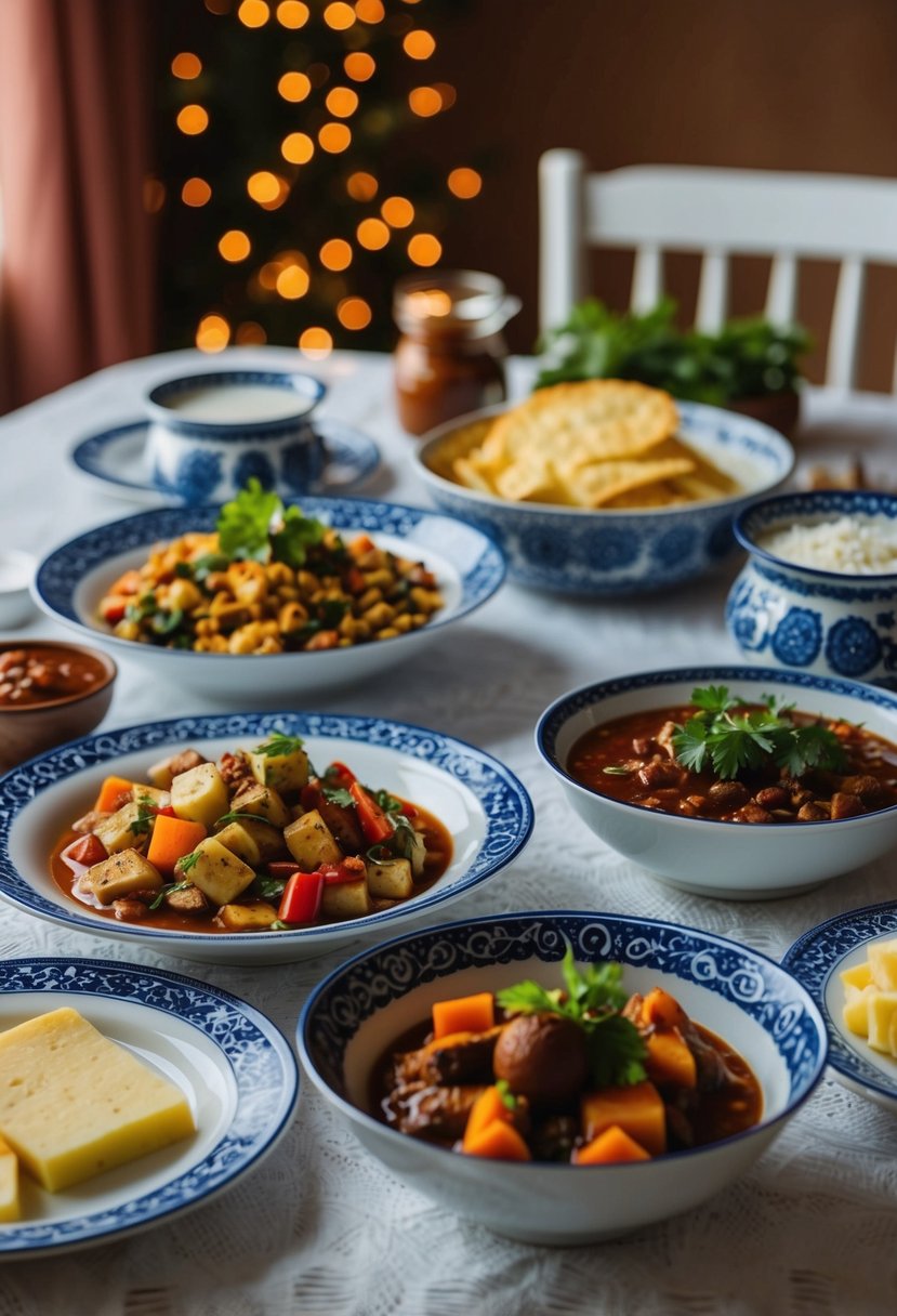 A table set with traditional Ukrainian dishes and ingredients