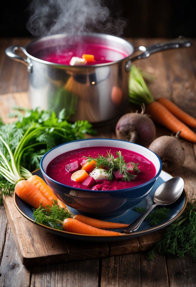 A steaming bowl of borscht sits on a rustic wooden table, surrounded by fresh beets, carrots, and dill. A pot simmers on the stove, filling the cozy kitchen with the rich aroma of the hearty Ukrainian soup