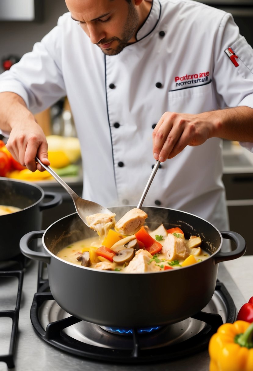 A chef in a kitchen, stirring a pot filled with creamy chicken à la king made with chunks of rotisserie chicken, colorful bell peppers, and mushrooms