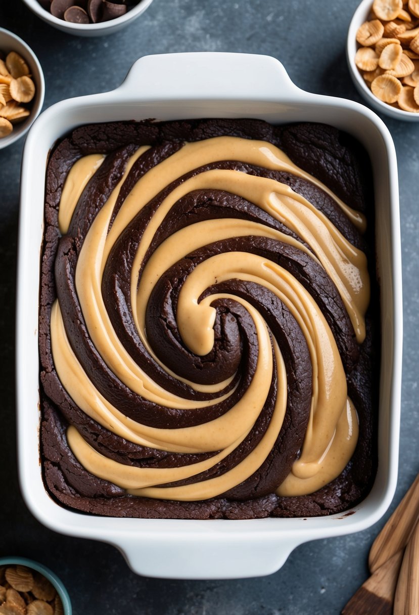 A decadent swirl of rich, chocolate brownie batter and creamy peanut butter cheesecake, baked to perfection in a square baking dish