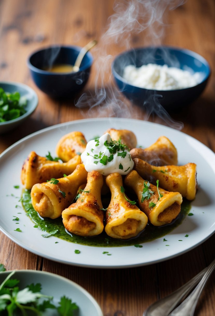 A table set with a plate of steaming varenyky, topped with a dollop of sour cream and a sprinkle of fresh herbs