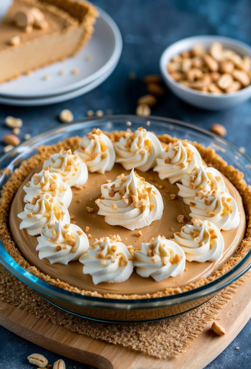 A creamy peanut butter pie sits on a graham cracker crust, topped with swirls of whipped cream and sprinkled with crushed peanuts