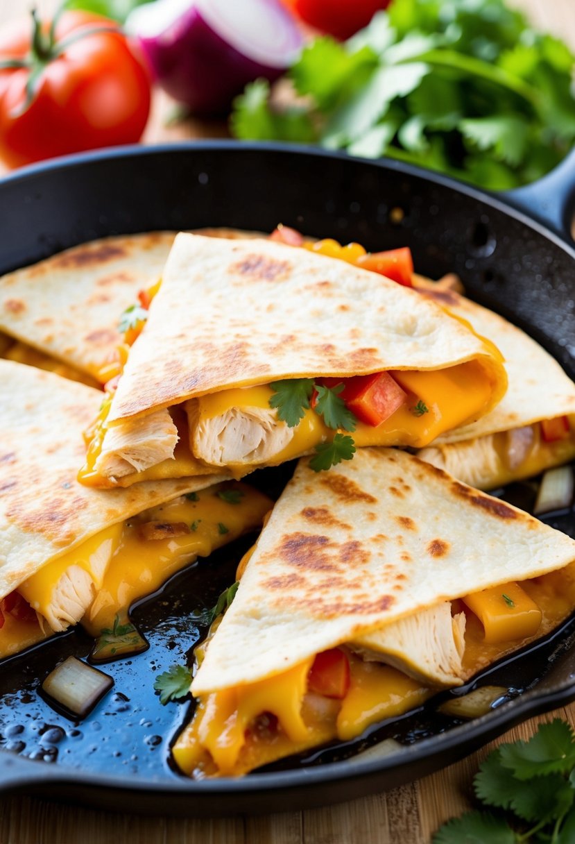 A sizzling skillet with golden-brown quesadillas filled with melted cheese and chunks of rotisserie chicken, surrounded by colorful ingredients like tomatoes, onions, and cilantro