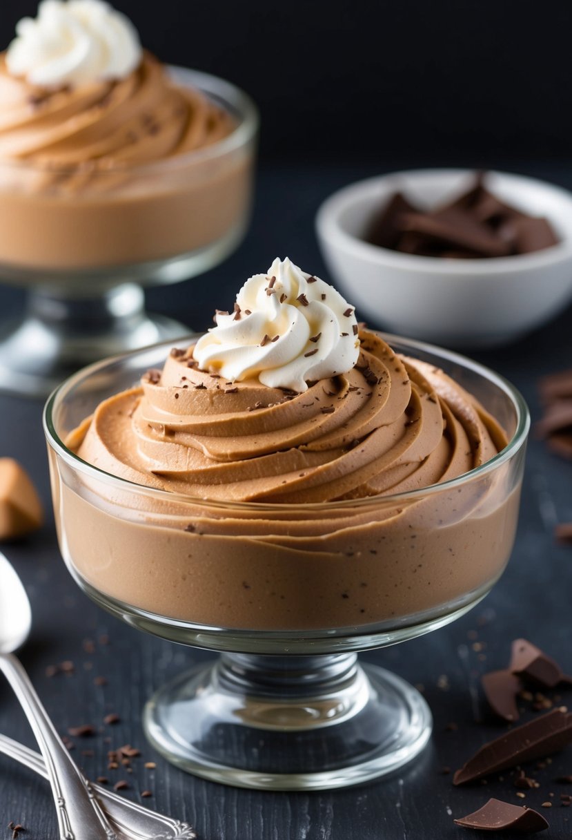 A smooth swirl of peanut butter chocolate mousse in a glass dessert dish, topped with a dollop of whipped cream and a sprinkle of chocolate shavings