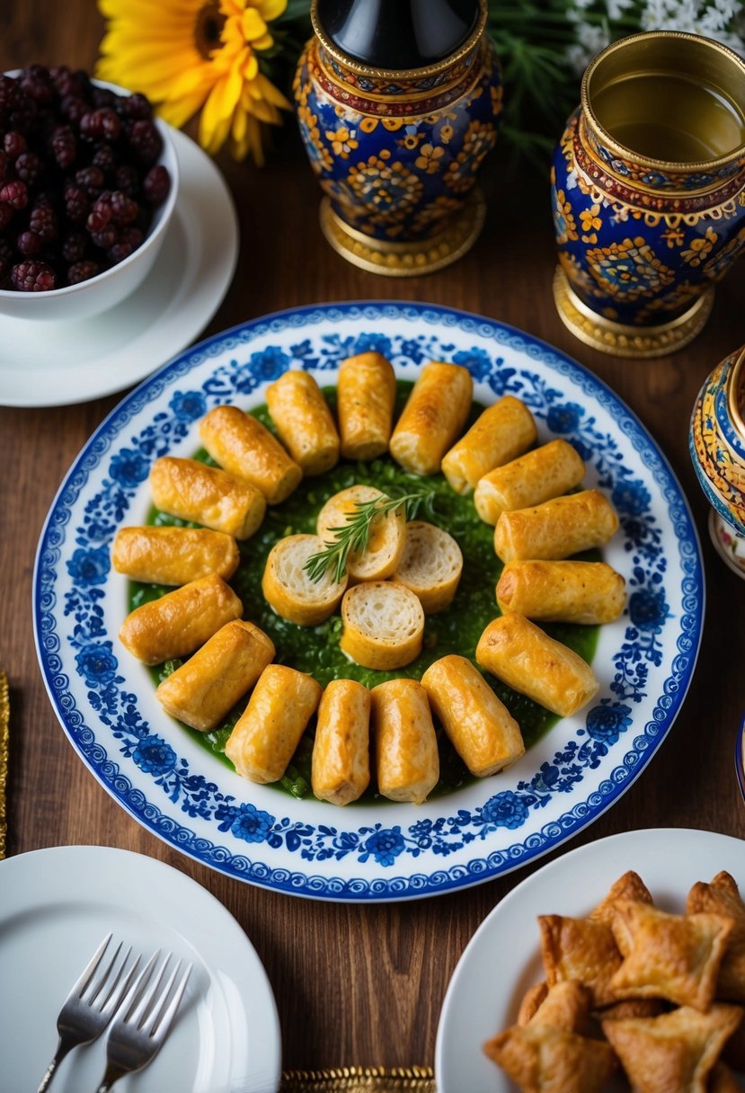 A table set with a platter of holubtsi surrounded by traditional Ukrainian decorations