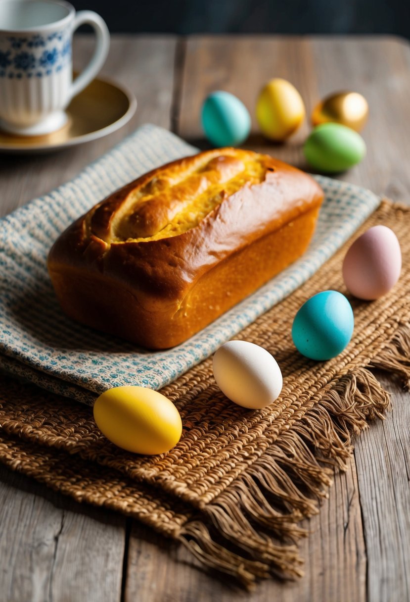 A table set with a woven cloth, a golden loaf of Paska bread, and colorful dyed eggs