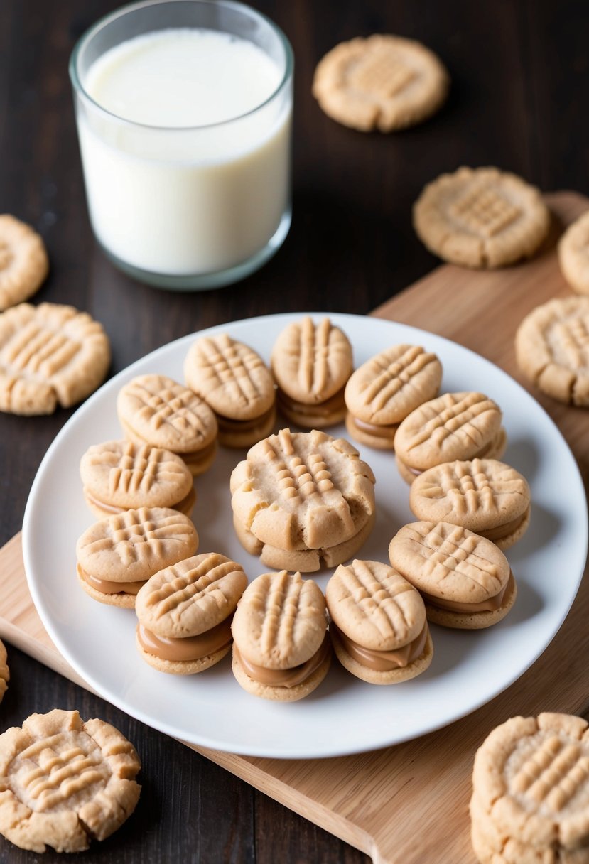 A plate of mini peanut butter sandwich cookies arranged in a circular pattern, with a glass of milk on the side