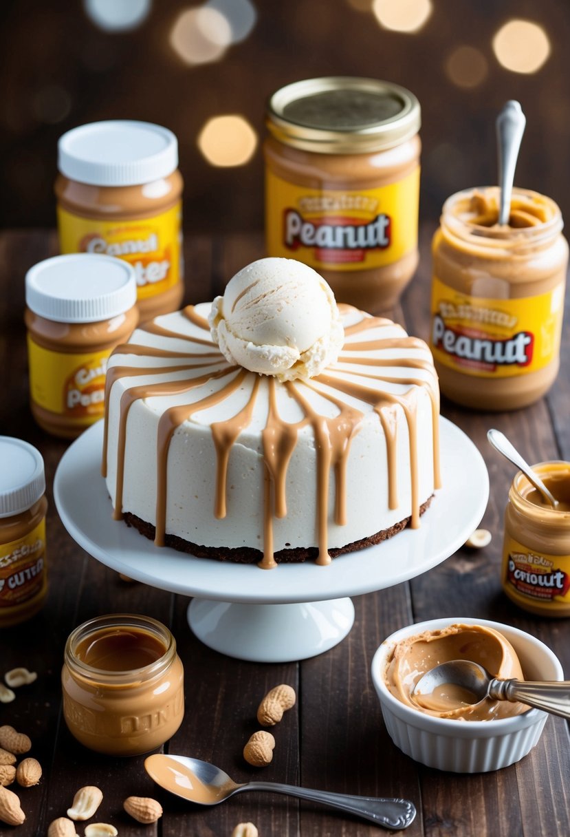 A table set with peanut butter ice cream cakes surrounded by jars of peanut butter and a scoop of ice cream