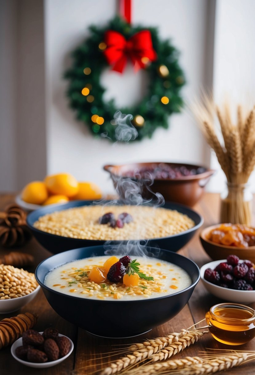 A table set with a steaming bowl of kutia surrounded by wheatberries, honey, and dried fruits. A festive wreath hangs in the background