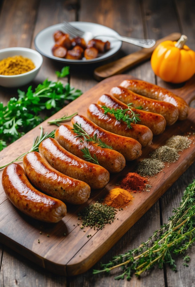 A rustic wooden table adorned with a spread of freshly cooked Ukrainian sausages, accompanied by vibrant herbs and spices