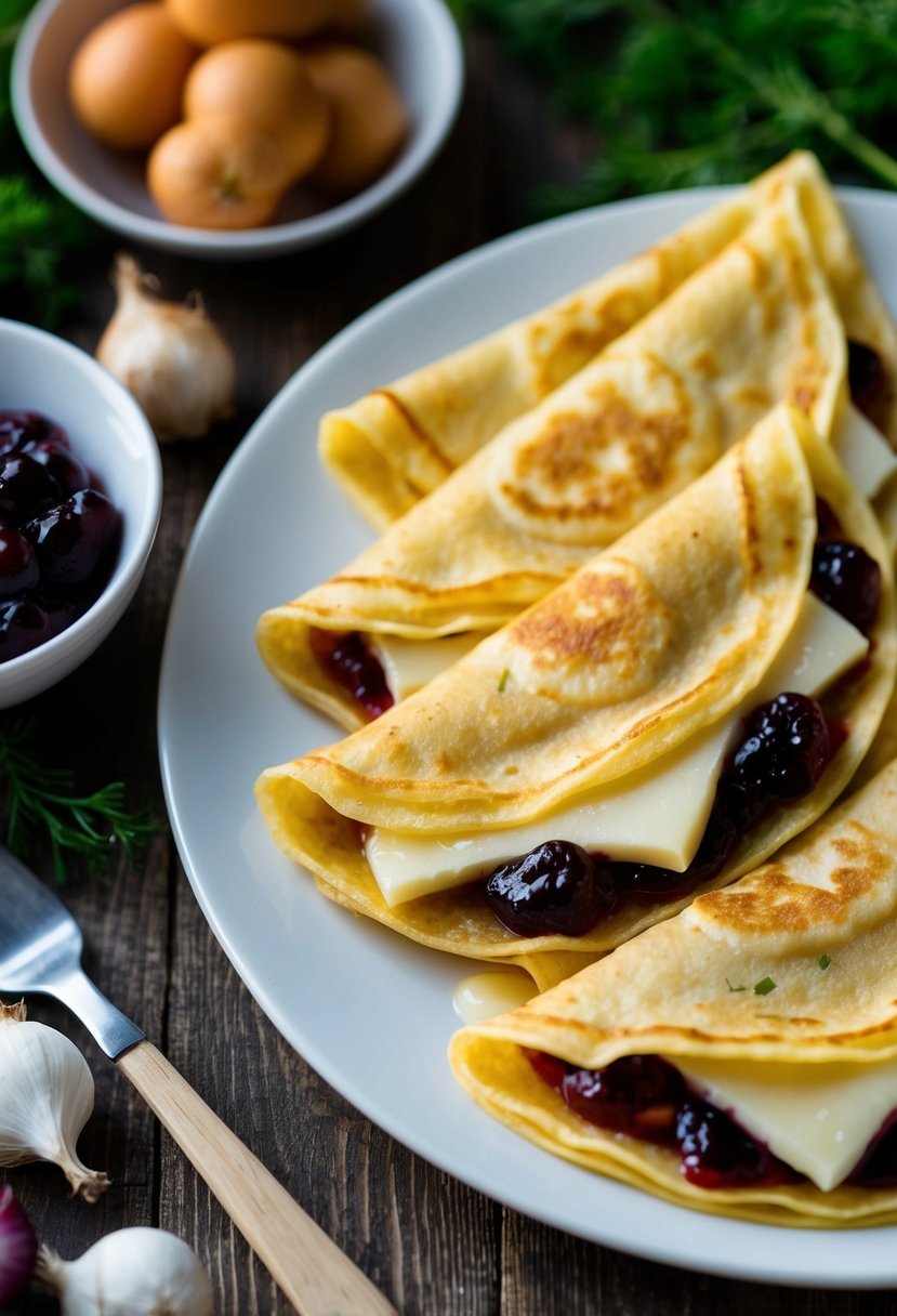 A plate of nalistniki, golden thin crepes filled with cheese and jam, surrounded by traditional Ukrainian ingredients