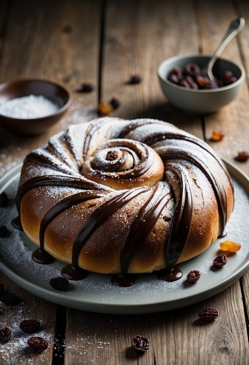 A babka sits on a rustic wooden table, adorned with swirls of chocolate and a dusting of powdered sugar, surrounded by scattered raisins