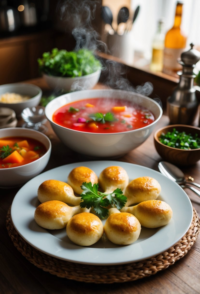 A table set with a steaming bowl of borscht and a plate of freshly baked pampushky, surrounded by a cozy kitchen atmosphere