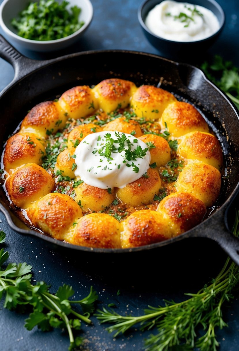 A sizzling skillet of golden-brown deruny, surrounded by a sprinkle of fresh herbs and a dollop of sour cream