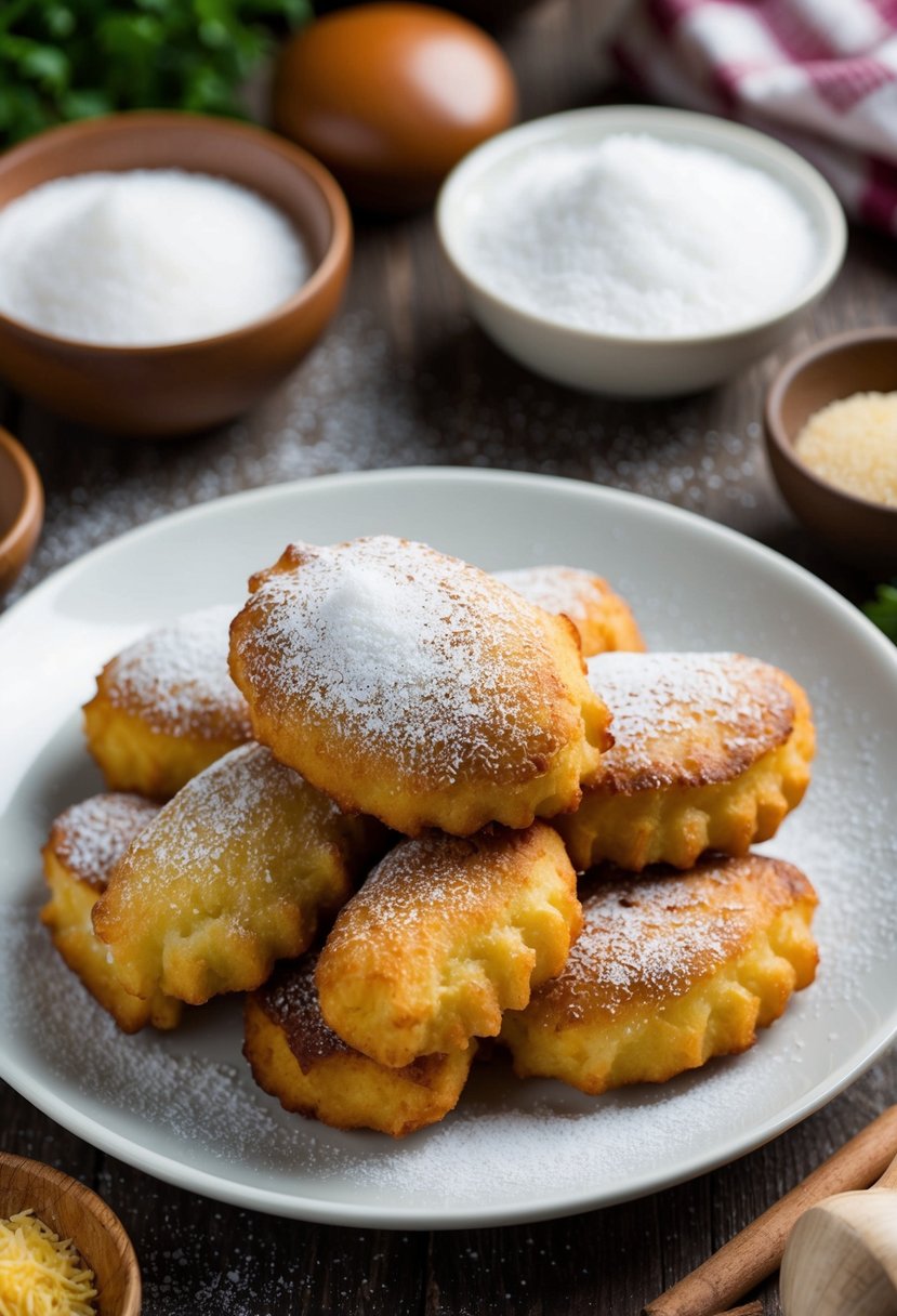 A plate of freshly fried Borachky dusted with icing sugar, surrounded by traditional Ukrainian ingredients