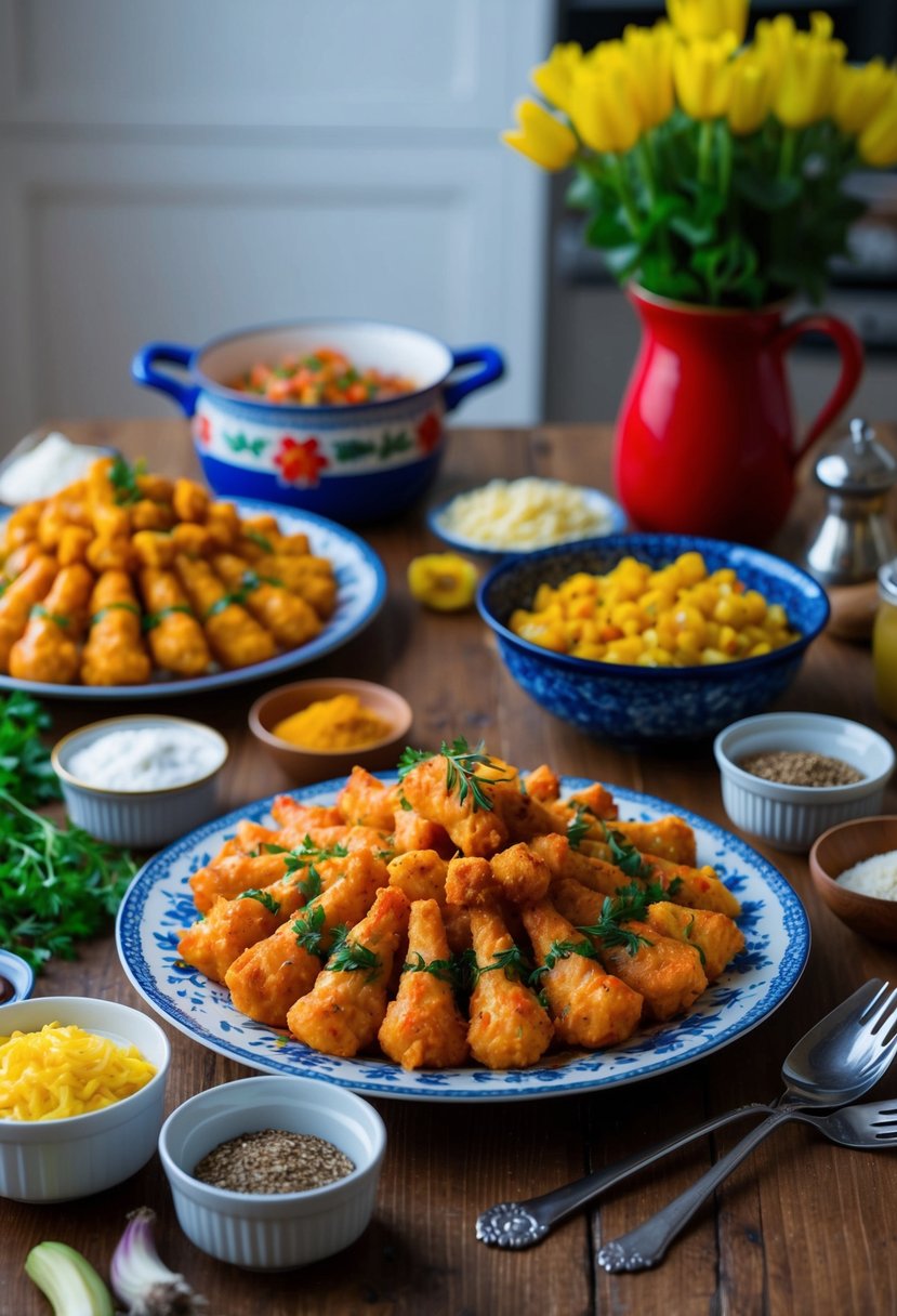 A table set with a colorful array of Zavivtsi, surrounded by traditional Ukrainian kitchen utensils and ingredients