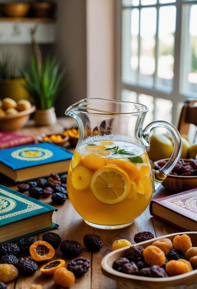 A pitcher of Uzvar sits on a wooden table surrounded by an assortment of dried fruits and traditional Ukrainian recipe books