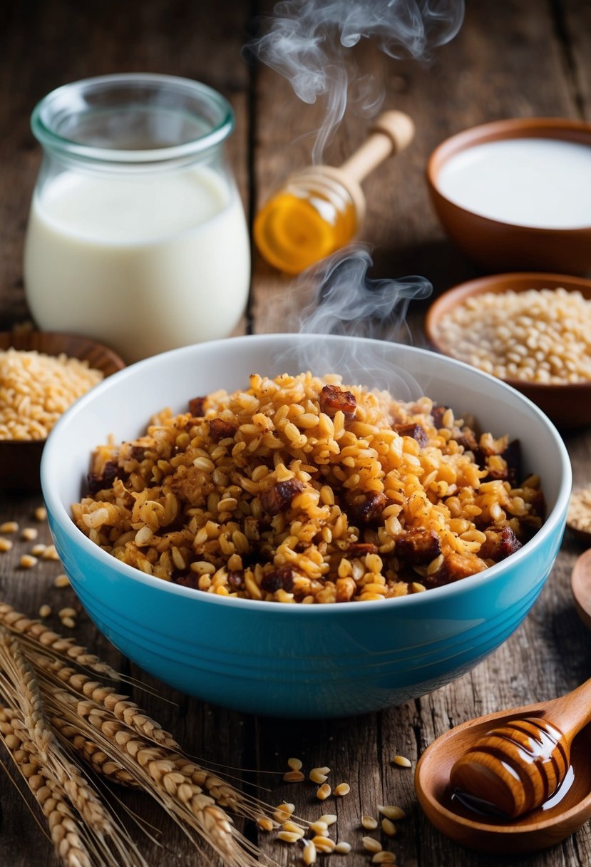 A steaming bowl of kasha sits on a rustic wooden table, surrounded by traditional Ukrainian cooking ingredients such as buckwheat, milk, and honey