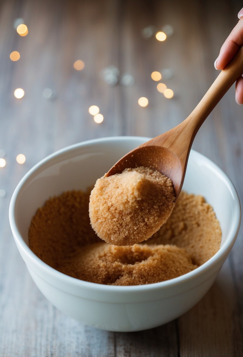 A wooden spoon stirring brown sugar into a mixing bowl