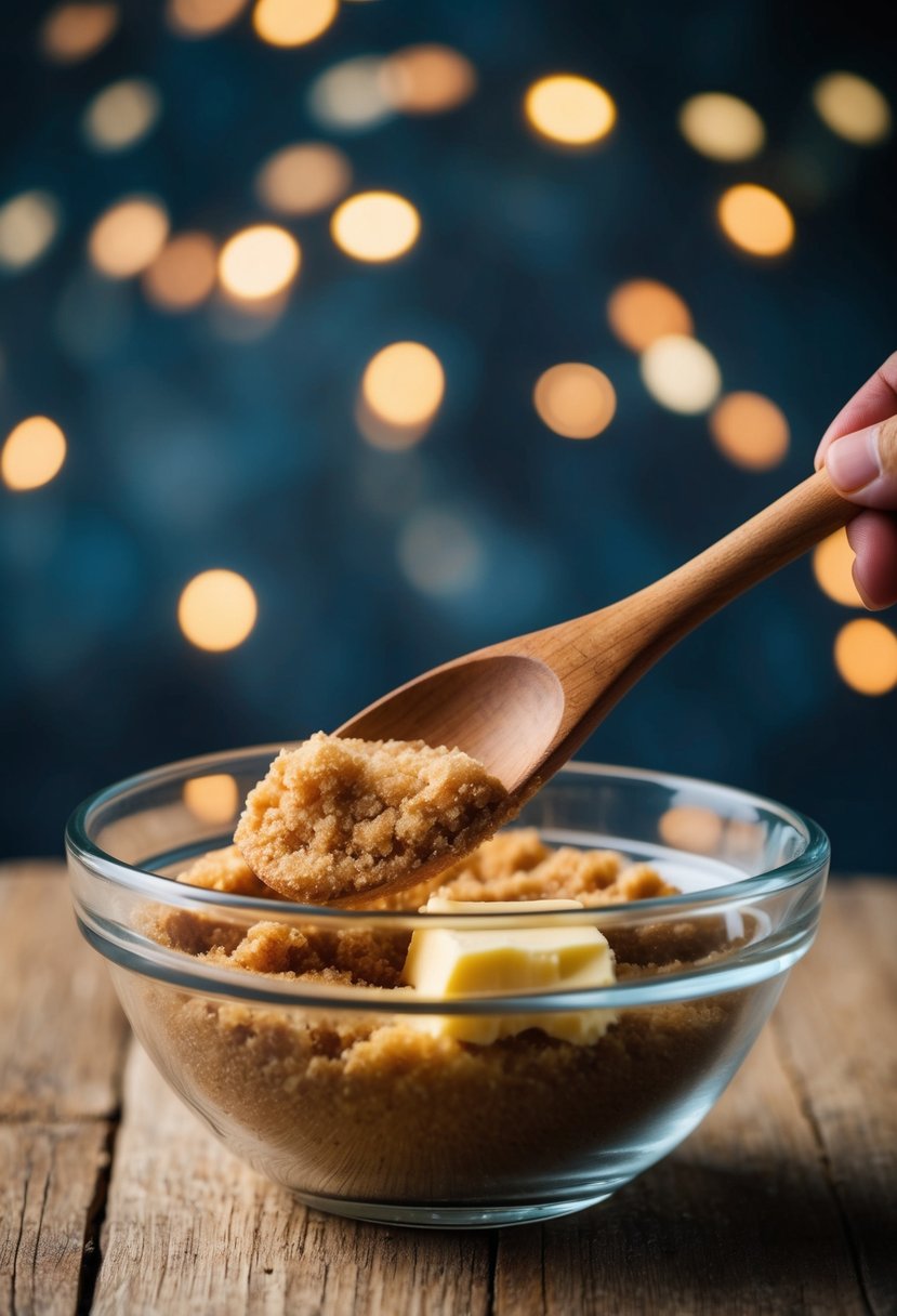 A wooden spoon mixing brown sugar and butter in a glass bowl