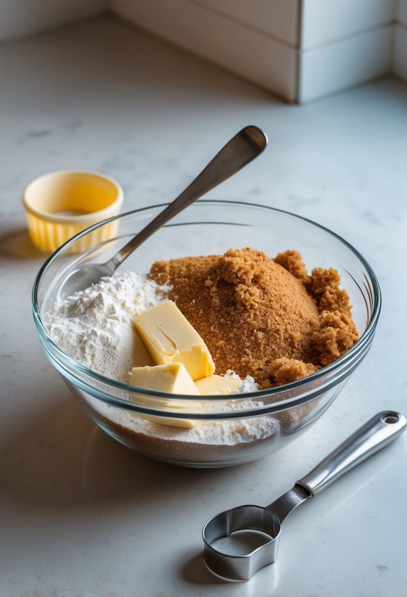 A mixing bowl filled with brown sugar, flour, and butter. A spoon and cookie cutter on the counter