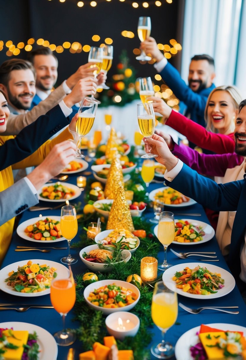 A festive table adorned with an array of colorful dishes and sparkling drinks, surrounded by joyful guests raising their glasses in celebration