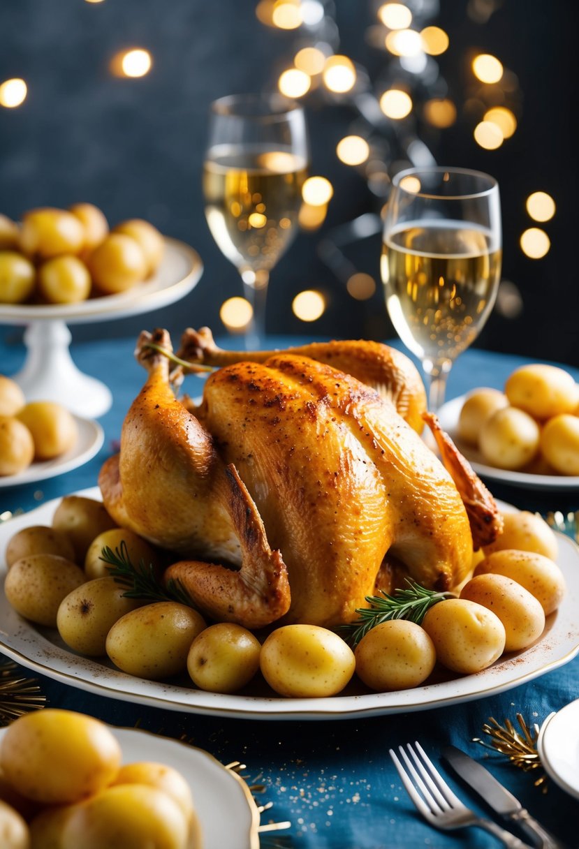 A golden roasted chicken surrounded by paprika-dusted potatoes on a festive New Year's Eve table