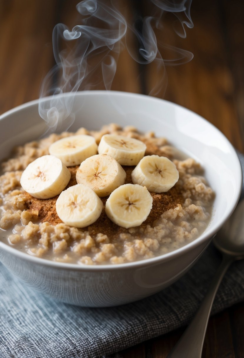 A steaming bowl of brown sugar oatmeal topped with sliced bananas and a sprinkle of cinnamon