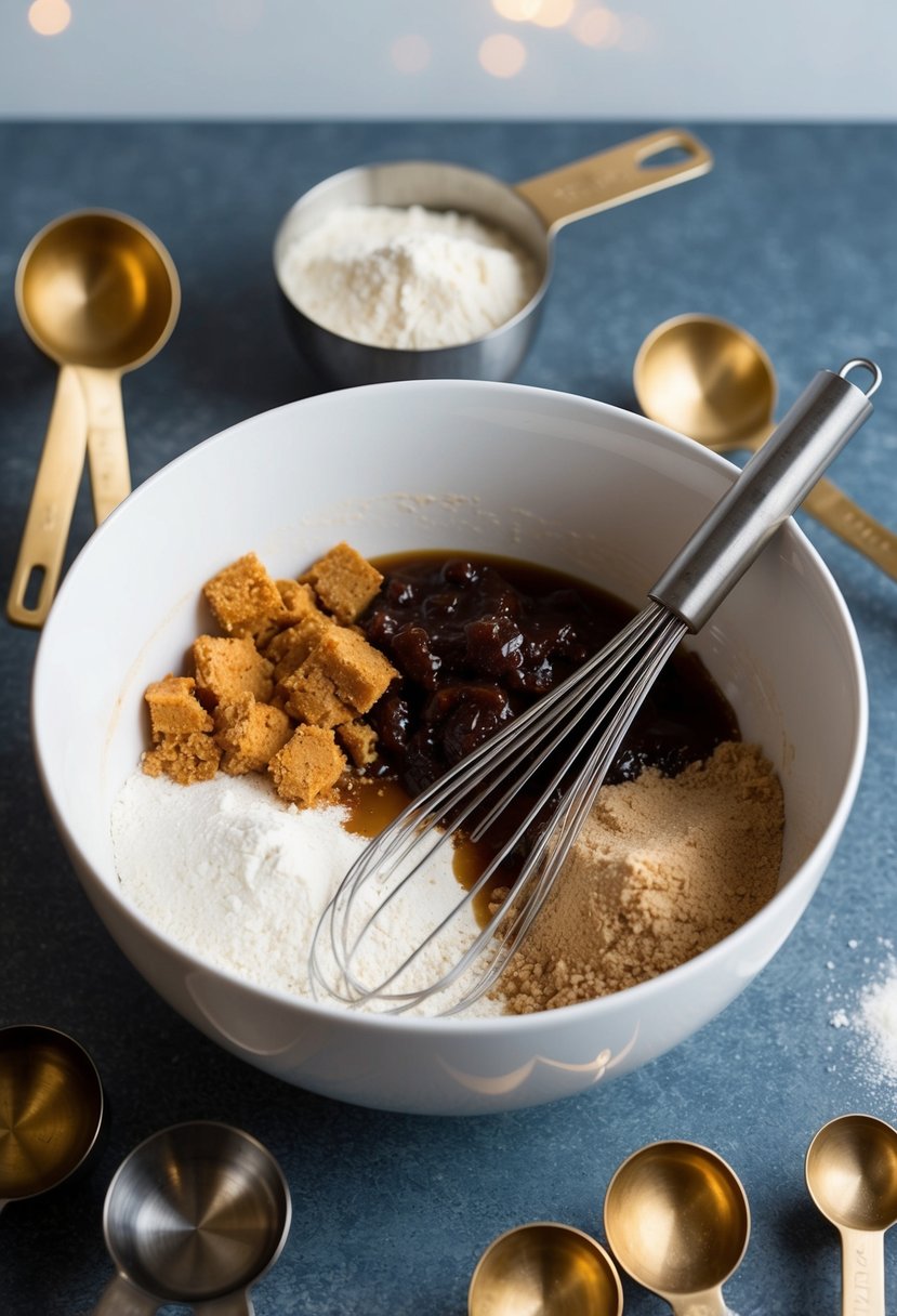 A mixing bowl filled with molasses, brown sugar, and flour, surrounded by measuring spoons and a whisk