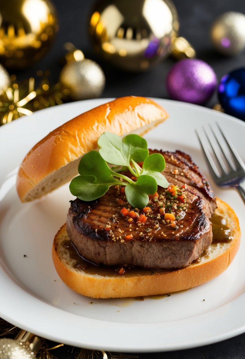 A sizzling steak with spicy seasoning on a toasted roll, topped with fresh watercress, surrounded by festive New Year's Eve decor