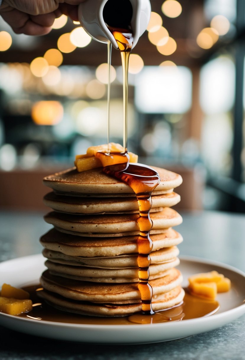 A stack of brown sugar pancakes with syrup dripping down