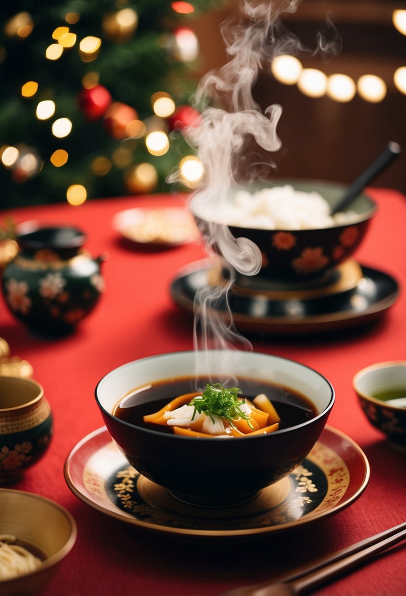 A steaming bowl of ozoni soup sits on a traditional Japanese table, surrounded by festive decorations and a warm, inviting atmosphere