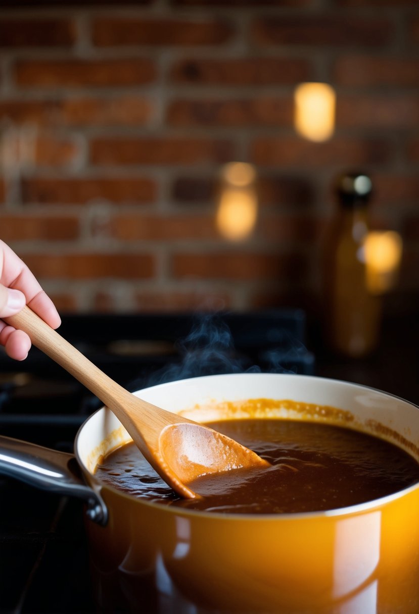 A wooden spoon stirring a pot of bubbling brown sugar BBQ sauce on a stovetop