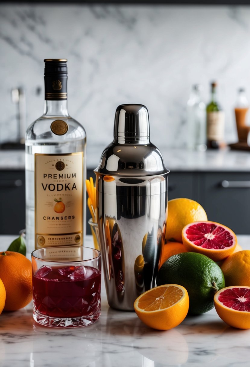 A sleek cocktail shaker surrounded by vibrant citrus fruits, a bottle of premium vodka, and a splash of cranberry juice on a marble countertop