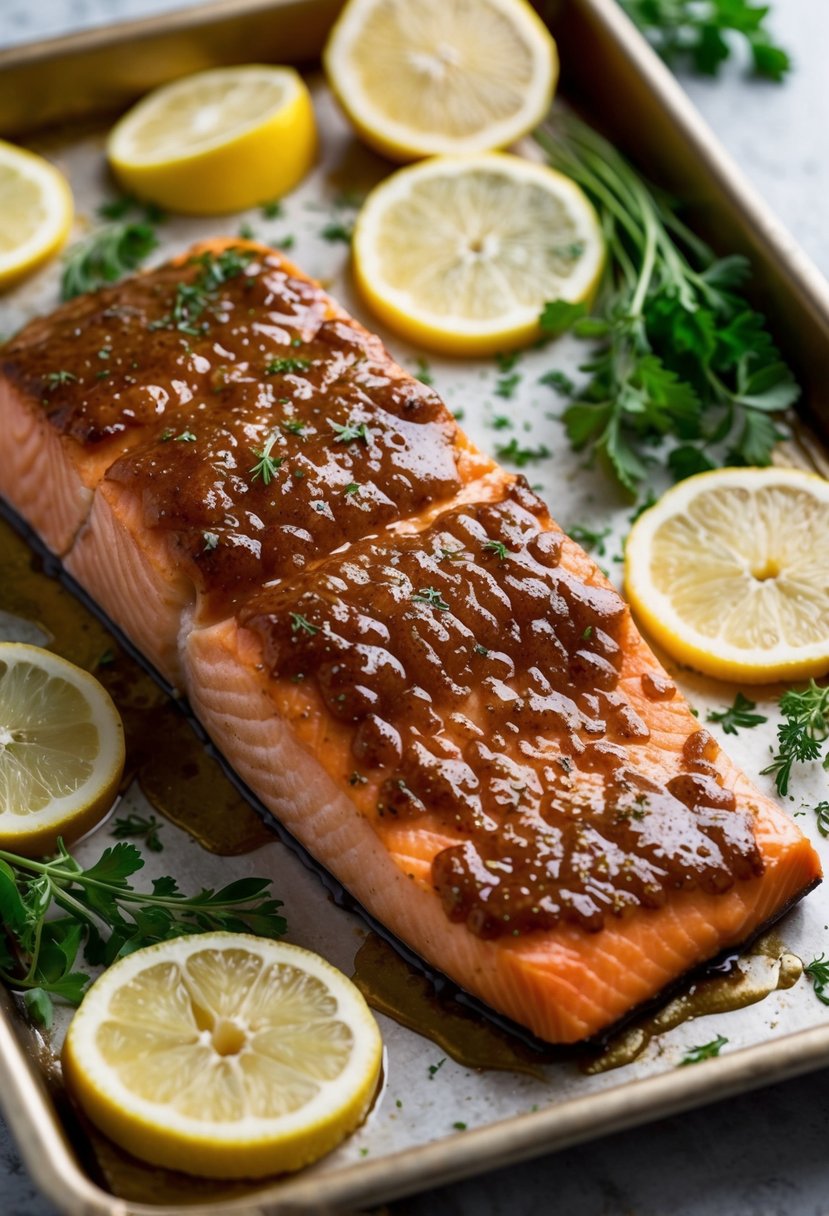 A fillet of salmon coated in brown sugar glaze, glistening on a baking sheet surrounded by fresh herbs and lemon slices