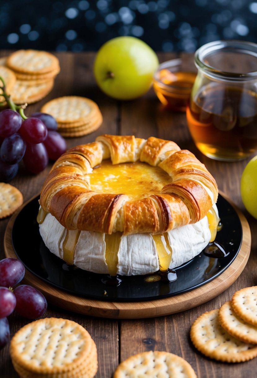 A round of brie wrapped in puff pastry, golden and bubbling hot from the oven, surrounded by crackers, grapes, and a drizzle of honey