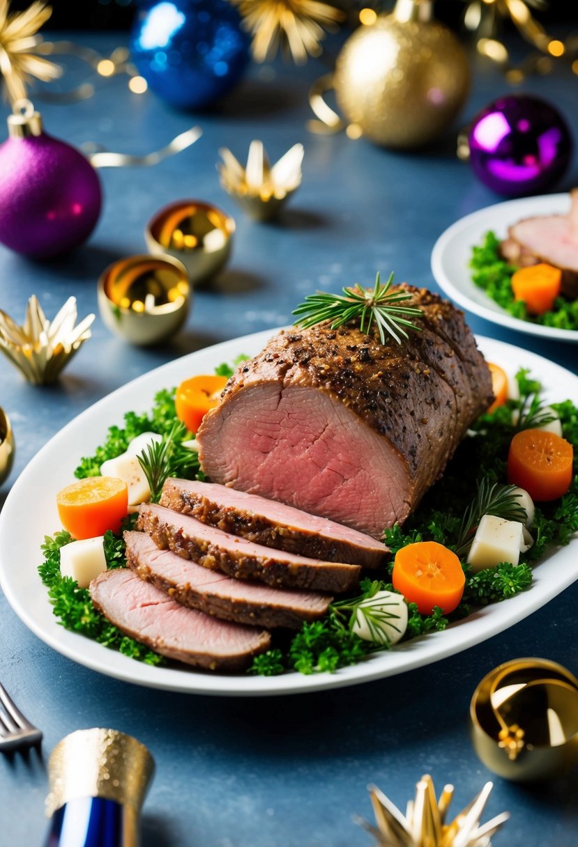 A platter of sliced stuffed beef tenderloin surrounded by festive New Year's Eve decorations and garnishes