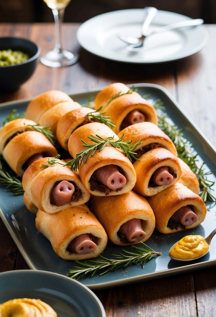 A table set with a platter of golden-brown pigs in a blanket, garnished with rosemary and served with a side of tangy mustard