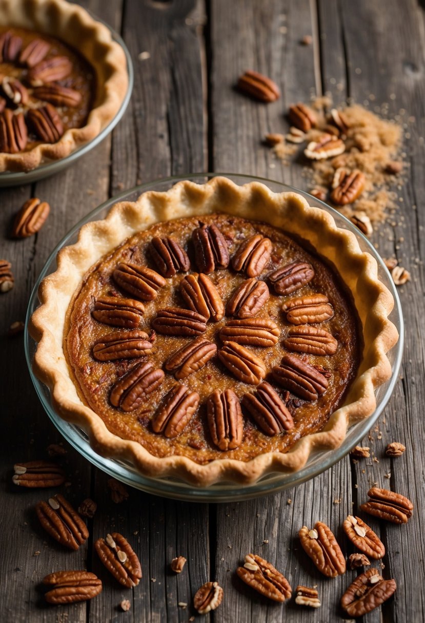 A golden-brown pecan pie sits on a rustic wooden table, surrounded by scattered pecans and a sprinkle of brown sugar